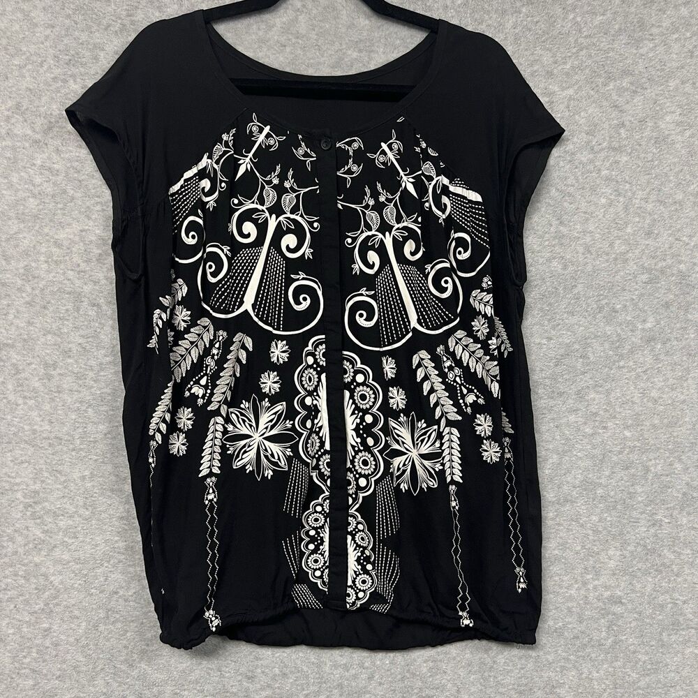 Boho Chic Black White Graphic Floral Print Top Blouse Short Sleeve Festival
